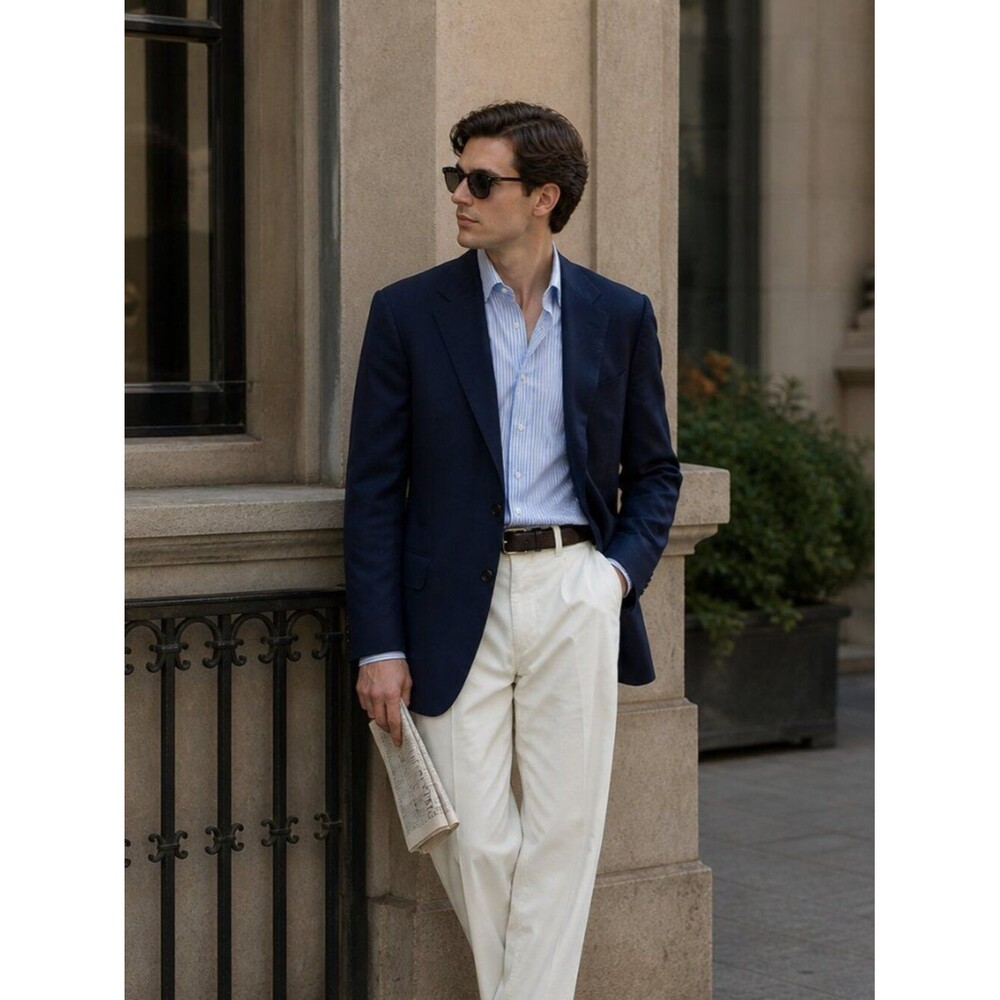 Mens Wool Blazer Navy Minimalist Classic Tailored Jacket L Old Money Quiet